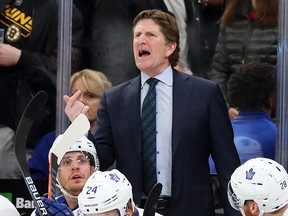 Head coach Mike Babcock hasn't been getting much love from Maple Leafs fans on social media since the team was eliminated from the playoffs by the Boston Bruins on Tuesday night.  (Maddie Meyer/Getty Images)