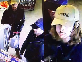 Investigators need help identifying two men suspected of making purchases with bank cards stolen from a car in Whitby. (Durham Regional Police handout)