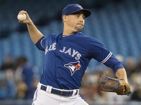 Toronto Blue Jays starting pitcher Aaron Sanchez throws against the Oakland Athletics during the first inning of their American League MLB baseball game in Toronto Saturday April 27, 2019. THE CANADIAN PRESS/Fred Thornhill