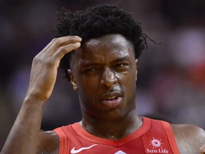 Toronto Raptors forward OG Anunoby (3) is taken off the court after collision with a Chicago Bulls player during second half NBA basketball action in Toronto on Tuesday, March 26, 2019. Anunoby has undergone an emergency appendectomy after being diagnosed with acute appendicitis.THE CANADIAN PRESS/Frank Gunn ORG XMIT: CPT119