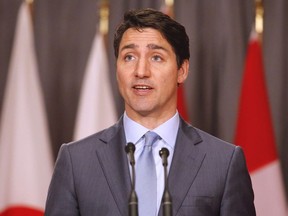 Canadian Prime Minister Justin Trudeau speaks at a joint press conference with Japanese Prime Minister Shinzo Abe in Ottawa on Sunday, April 28, 2019.