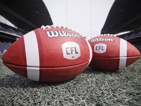 New CFL balls are shown at the Winnipeg Blue Bombers stadium in Winnipeg Thursday, May 24, 2018.
