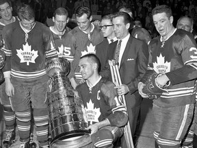 UNDATED: George Armstrong with the 1967 Leafs after they won the Stanley Cup to accompany TV Fine Tuning Column for Saturday, August 5, by Eric Kohanik (CanWest)  photo credit should read Graphic Artists/Hockey Hall of Fame.