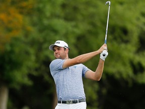 Corey Conners of Canada plays a shot on the ninth hole during the final round of the 2019 Valero Texas Open at TPC San Antonio Oaks Course on April 7, 2019 in San Antonio, Texas.