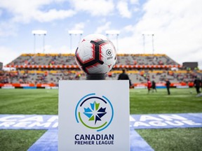 The game ball sits on a pedestal ahead of the inaugural soccer match of the Canadian Premier League between Forge FC of Hamilton and York 9 in Hamilton, Ont. Saturday, April 27, 2019. (AARON LYNETT/The Canadian Press)