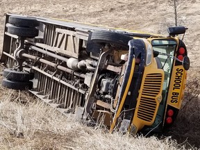 A school bus rollover on Cold Springs Camp Road in Clarington early Friday sent the driver and two children to hospital. (OPP_CR)