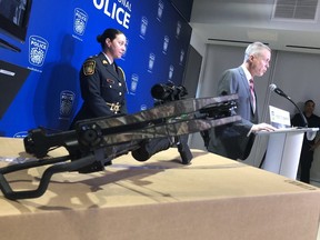 Peel Regional Police displayed the crossbow used in a near-fatal attack on a Mississauga woman. (Jack Boland, Toronto Sun)
