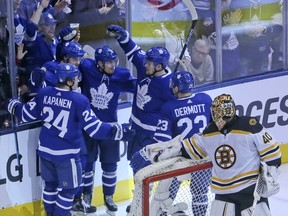 The Maple Leafs celebrate a goal by Auston Matthews on Sunday against the Boston Bruins. (Veronica Henri/Toronto Sun)