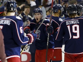 Blue Jackets fprward Matt Duchene, who was added at the NHL trade deadline, celebrates the Columbus'' sweep of the Tampa Bay Lightningon Tuesday night. (Jay LaPrete/The Associated Press)