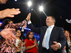 Alberta Premier-Designate Jason Kenney celebrates his Tuesday night election win in the Big Four Roadhouse in Calgary.