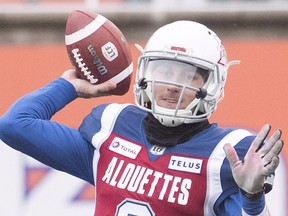 Montreal Alouettes quarterback Johnny Manziel throws a pass during first half CFL football action against the Toronto Argonauts, in Montreal on Oct. 28, 2018.  (THE CANADIAN PRESS/Graham Hughes)