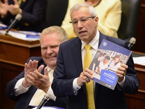 Ontario Finance Minister Vic Fedeli presents the 2019 budget as Premier Doug Ford looks on at the legislature in Toronto on Thursday, April 11, 2019. THE CANADIAN PRESS/Frank Gunn