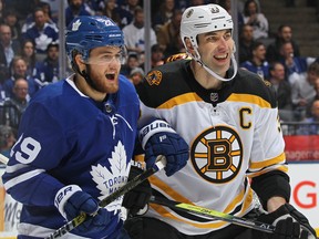 TORONTO, ON - JANUARY 12:  Zdeno Chara #33 of the Boston Bruins battles against William Nylander #29 of the Toronto Maple Leafs during an NHL game at Scotiabank Arena on January 12, 2019 in Toronto, Ontario, Canada. The Bruins defeated the Maple Leafs 3-2. (Photo by Claus Andersen/Getty Images)