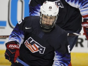 Jack Hughes of United States skates against Slovakia during the IIHF World Junior Championships at the Save-on-Foods Memorial Centre on Dec. 26, 2018 in Victoria.  (Kevin Light/Getty Images)
