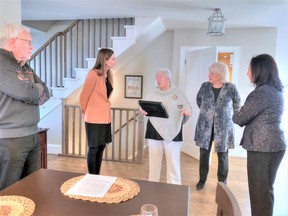 MPP Lindsey Park (2nd from left) meets with two of the Durham Region golden girls Louise Bardswich and Martha Casson, with local doctor John Steward (left) and Effie J. Triantafilopoulos, Parliamentary Assistant to the Minister of Health and Long-Term Care (far right) looking on.