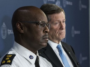 Toronto Mayor John Tory and Police Chief Mark Saunders announce new Gun Buyback program at police headquarters on Friday, April 26, 2019. (Craig Robertson/Toronto Sun/Postmedia Network)