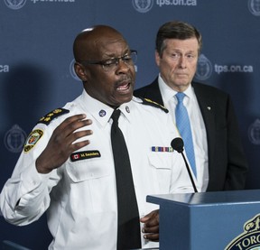 Toronto Mayor John Tory and Police Chief Mark Saunders announce new Gun Buyback program at police headquarters on Friday, April 26, 2019. (Craig Robertson/Toronto Sun/Postmedia Network)