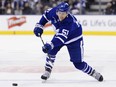 Toronto Maple Leafs defenceman Jake Gardiner shoots on net against the Tampa Bay Lightning during first period NHL hockey action in Toronto on Thursday, April 4, 2019.