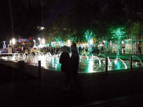 Brightly coloured Discovery Green in downtown Houston at night. (DAVE POLLARD)