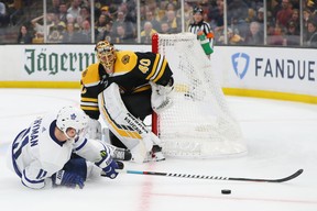 Leafs' Zach Hyman slides after attempting a shot against Tuukka Rask of the Boston Bruins during Game Five last night. (Getty)
