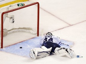 Leafs goalie James Reimer lies on the ice during Game 7 versus Boston in 2013.