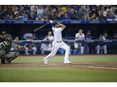 Toronto Blue Jays Brandon Drury 3B (3) hits a two run homer In the ninth inning in Toronto, Ont. on Friday April 26, 2019. Jack Boland/Toronto Sun/Postmedia Network