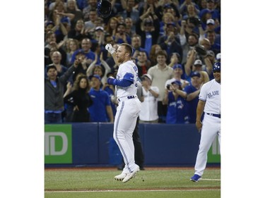 Toronto Blue Jays Brandon Drury 3B (3) hits a two run homer In the ninth inning in Toronto, Ont. on Friday April 26, 2019. Jack Boland/Toronto Sun/Postmedia Network