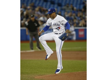 Toronto Blue Jays Marcus Stroman SP (6) dances off the mound after first inning  in Toronto, Ont. on Friday April 26, 2019. Jack Boland/Toronto Sun/Postmedia Network