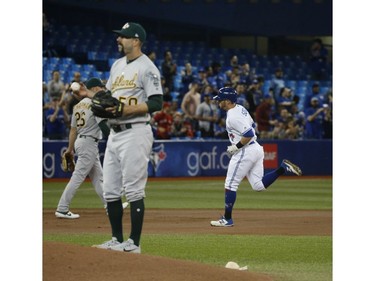 Toronto Blue Jays Eric Sogard 2B (5) kicks off the first inning with a home run runnig past starting pitcher Oakland Athletics Mike Fiers SP (50)  in Toronto, Ont. on Friday April 26, 2019. Jack Boland/Toronto Sun/Postmedia Network