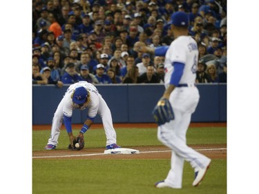 Toronto Blue Jays Vlad Guerrero Jr. 3B (27) fields a foul ball in the second inning in Toronto, Ont. on Friday April 26, 2019. Jack Boland/Toronto Sun/Postmedia Network