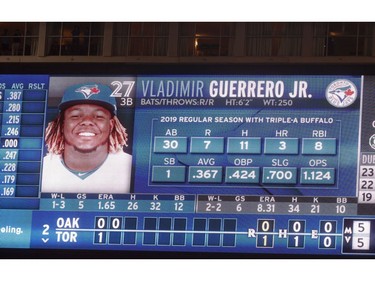 Toronto Blue Jays Vlad Guerrero Jr. 3B (27) at his first at bat in the second inning in Toronto, Ont. on Friday April 26, 2019. Jack Boland/Toronto Sun/Postmedia Network