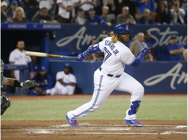 Toronto Blue Jays Vlad Guerrero Jr. 3B (27) hits a ground ball out during his first at bat in the second inning in Toronto, Ont. on Friday April 26, 2019. Jack Boland/Toronto Sun/Postmedia Network