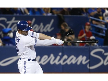Toronto Blue Jays Randal Grichuk LF (15) shatters his bat singling to centre to score teammate Danny Jansen C (9) in the third inning in Toronto, Ont. on Friday April 26, 2019. Jack Boland/Toronto Sun/Postmedia Network