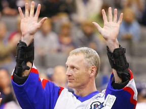 Jim Veltman acknowledges Toronto Rock fans before his final game of his career, against the Philadelphia Wings.