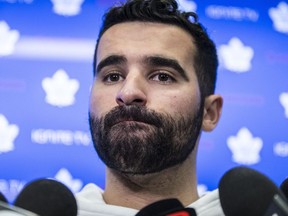 Maple Leafs forward Nazem Kadri scrums at a year-end availability as players clear out their lockers in Toronto on Thursday, April 25, 2019.