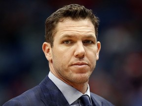 In this March 31, 2019, file photo, Los Angeles Lakers head coach Luke Walton looks on during the first half of an NBA game in New Orleans.