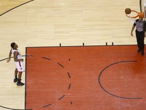 Raptors’ Kyle Lowry drains a free throw during his team’s first-round series against Orlando. Lowry was raised in Philadelphia, Toronto’s next playoff opponent. (JACK BOLAND/TORONTO SUN)