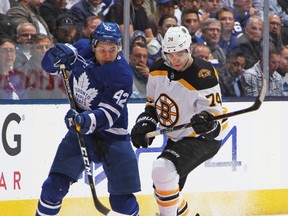 Leafs’ Trevor Moore (left) rejoins the Marlies as they face Cleveland to defend the Calder Cup. (Getty images)