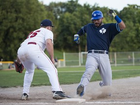Toronto Maple Leafs' Jonathan Solazzo returns to first base during a game against Brantford in 2017.