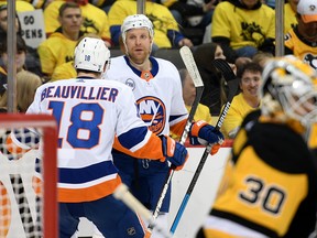 Islanders forward and former Leafs hit machine Leo Komarov celebrates with teammate Anthony Beauvillier after scoring on Penguins goalie Matt Murray during Game 3 of their first-round series in Pittsburgh. The Isles swept the series. (GETTY IMAGES)