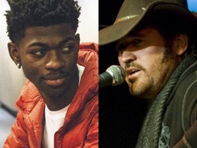 An undated image of rapper Lil Nas X (left) provided by Columbia Records and a 2012 Sun file photo of Billy Ray Cyrus.