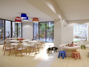 Family-friendly building amenities include indoor and outdoor kid's areas, a community centre and on-site day care.