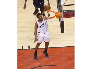 Toronto Raptors Kyle Lowry PG (7) goes up to the rim during the fourth quarter  in Toronto, Ont. on Wednesday April 17, 2019. Jack Boland/Toronto Sun/Postmedia Network