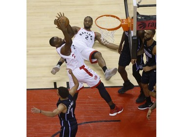 Toronto Raptors Serge Ibaka C (9) grabs a rebound during the fourth quarter  in Toronto, Ont. on Wednesday April 17, 2019. Jack Boland/Toronto Sun/Postmedia Network