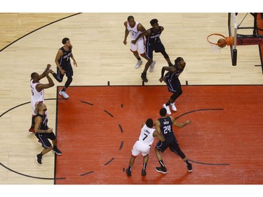 Toronto Raptors Serge Ibaka C (9) drains a free throw during the fourth quarter  in Toronto, Ont. on Wednesday April 17, 2019. Jack Boland/Toronto Sun/Postmedia Network