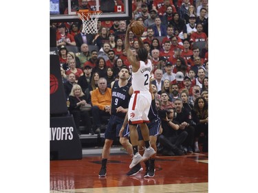 Toronto Raptors Kawhi Leonard SF (2) drains a shot during the first quarter  in Toronto, Ont. on Wednesday April 17, 2019. Jack Boland/Toronto Sun/Postmedia Network