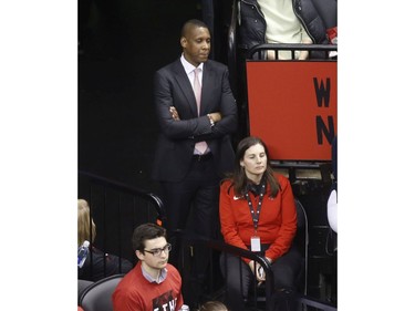 Toronto Raptors president Masai Ujiri watching the game during the fourth quarter  in Toronto, Ont. on Wednesday April 17, 2019. Jack Boland/Toronto Sun/Postmedia Network