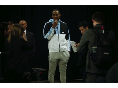 Toronto Raptors Kawhi Leonard  waits to speak to the media at the after game press conferences in Toronto, Ont. on Tuesday April 16, 2019. Jack Boland/Toronto Sun/Postmedia Network