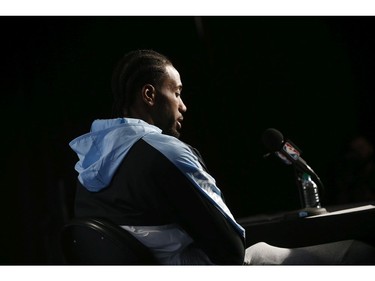 Toronto Raptors Kawhi Leonard speaks to the media at the after game press conferences in Toronto, Ont. on Tuesday April 16, 2019. Jack Boland/Toronto Sun/Postmedia Network