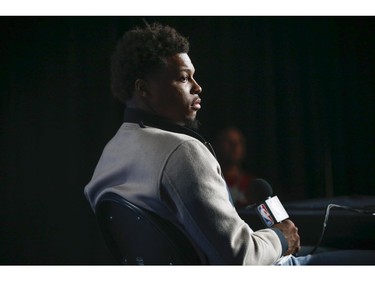 Toronto Raptors Kyle Lowry speaks to the media at the after game press conferences in Toronto, Ont. on Tuesday April 16, 2019. Jack Boland/Toronto Sun/Postmedia Network